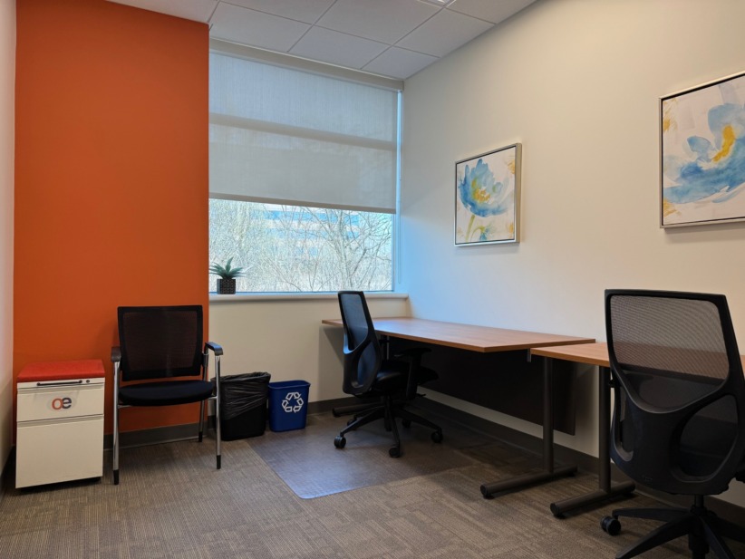 Office workspace with two desks, window, two paintings and an orange wall.